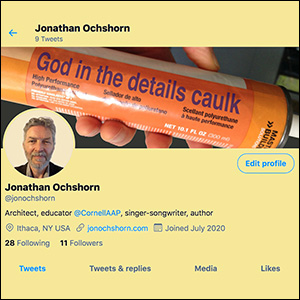 Twitter portrait page showing 'God in the details caulk' image