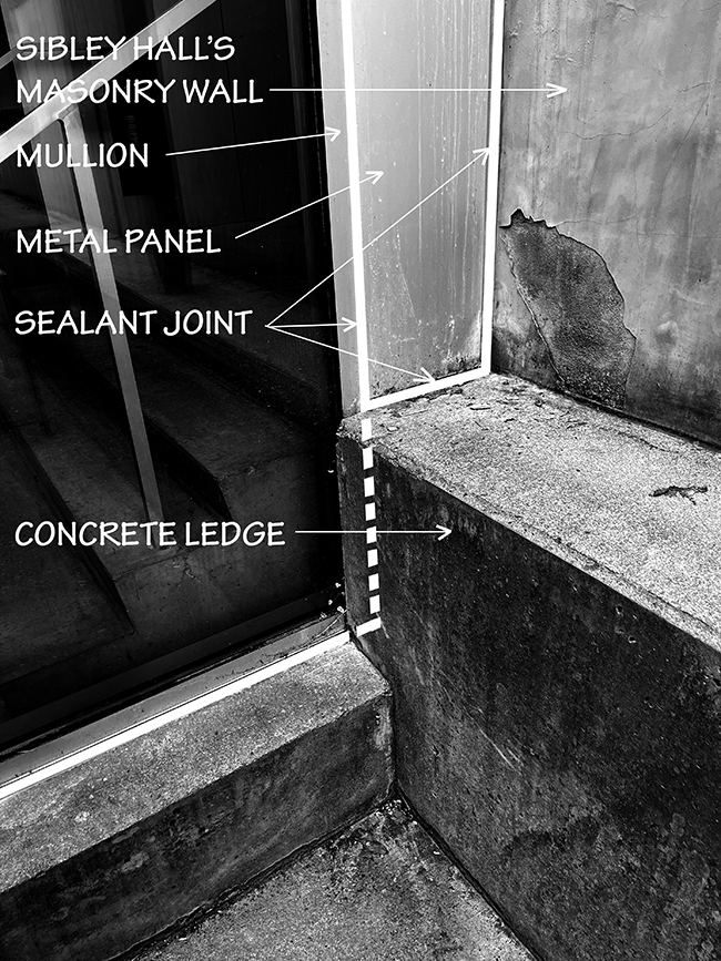 Annotated photo showing sealant joints between glass, concrete, and metal surfaces.