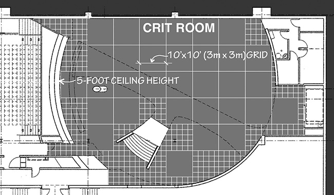 Floor plan of Crit Room with dimensional grid overlaid.