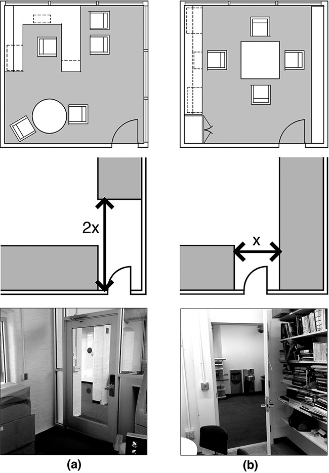Plans and photos showing office layouts
