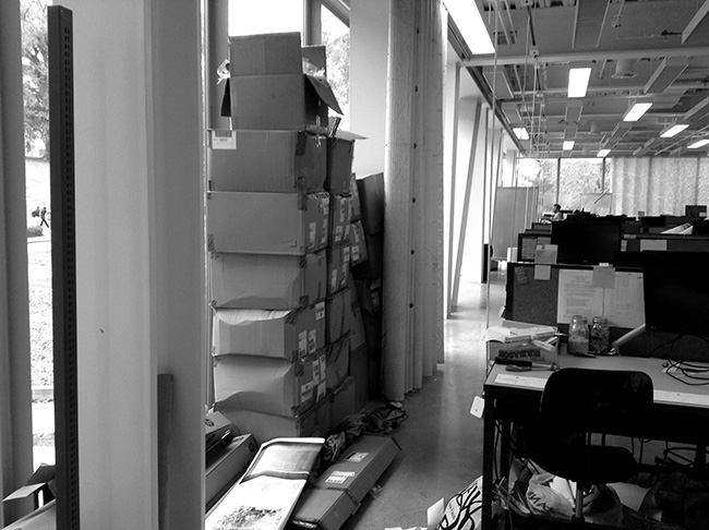 Stuff stored behind the curtains in Milstein Hall.