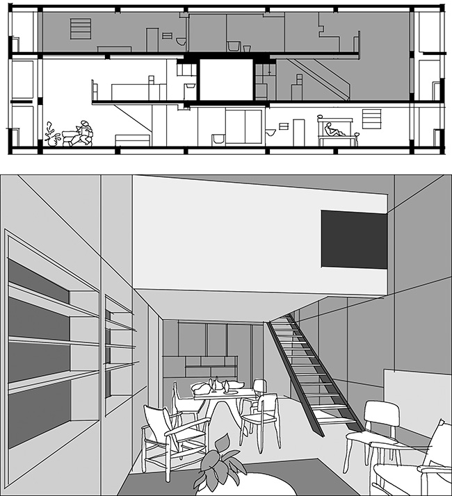 Perspective sketch and section showing double-height spaces with no visual or acoustical isolation.