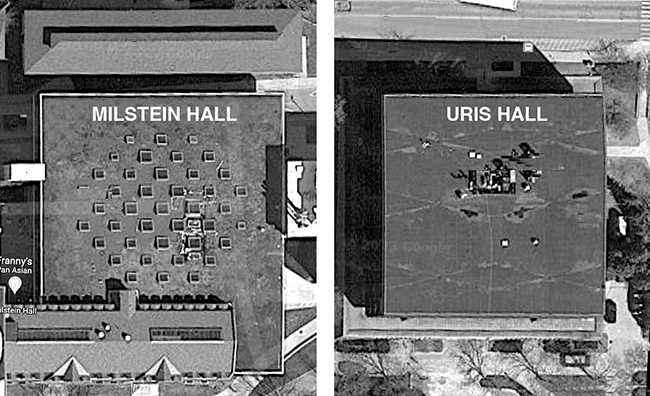 Google satellite images showing the roof of Milstein and Uris Halls.