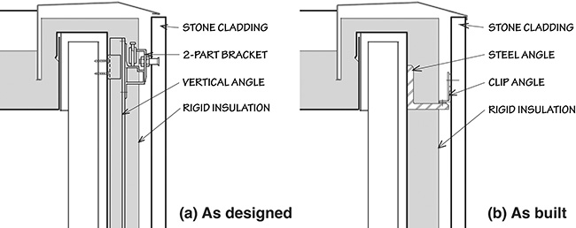 Sections through parapet showing as-built detail with thermal bridging and improved detail which minimizes thermal bridging.