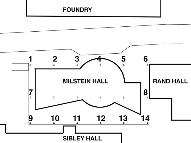 Ground floor plan with exposed columns numbered.