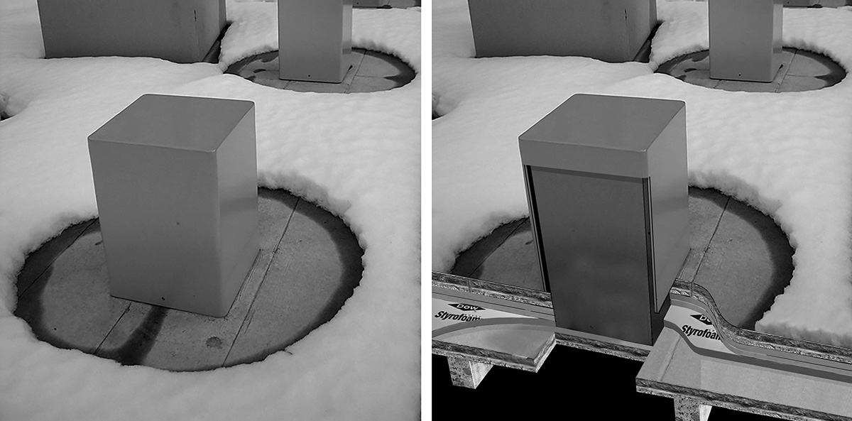 View of bollard in winter with melting snow and photoshopped cut-away cross section.