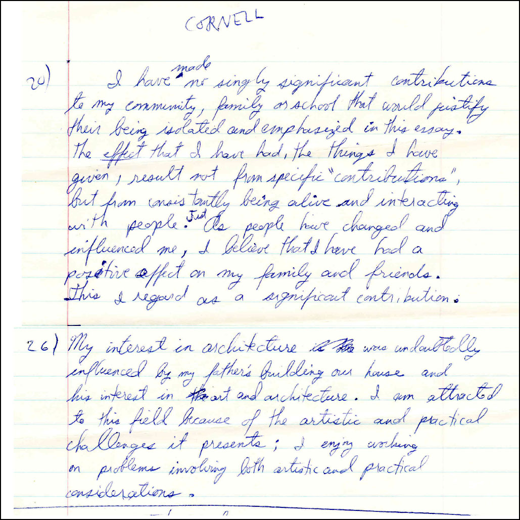 Cornell application essay draft, J. Ochshorn, 1969