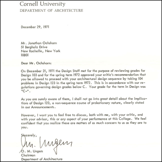Cornell probation letter from O.M. Ungers, Dec. 1971