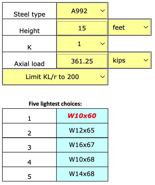 screen shot showing calculator for steel column design