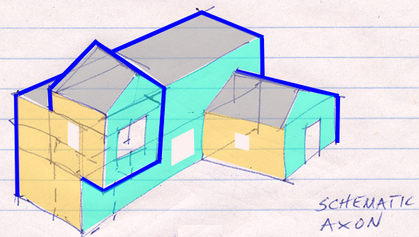 sketch of intersecting rectangular solids for house design