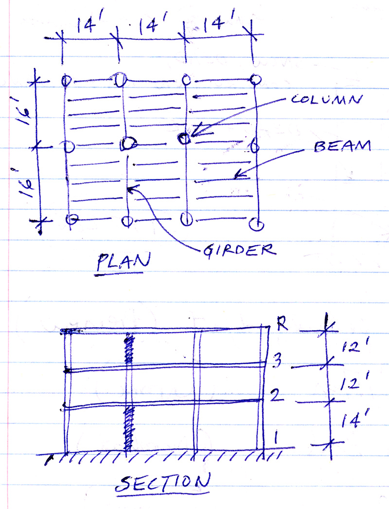 framing plan and section through wood building