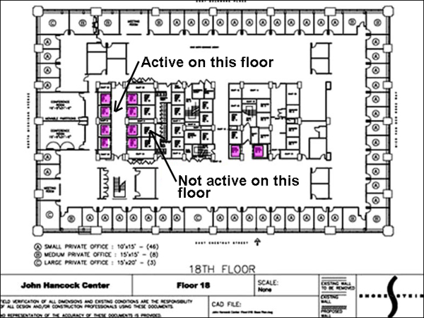 Hancock Building plan showing active and inactive elevators