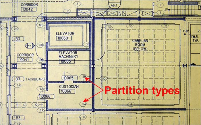 Plan showing partition types, Lincoln Hall, Cornell