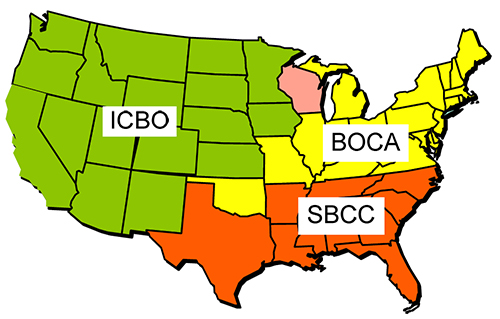 map showing geographic areas with model code agencies in US