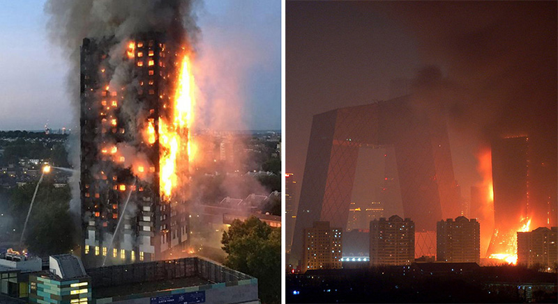 exterior cladding fires in London and Beijing