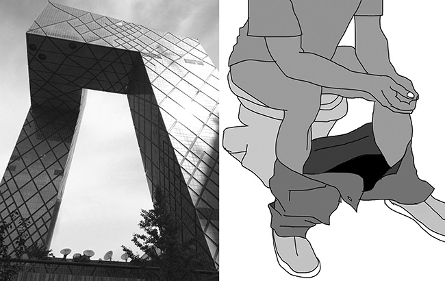 Photograph of CCTV building contrasted with sketch of man sitting on toilet, with alledgedly the same formal qualities as the building.