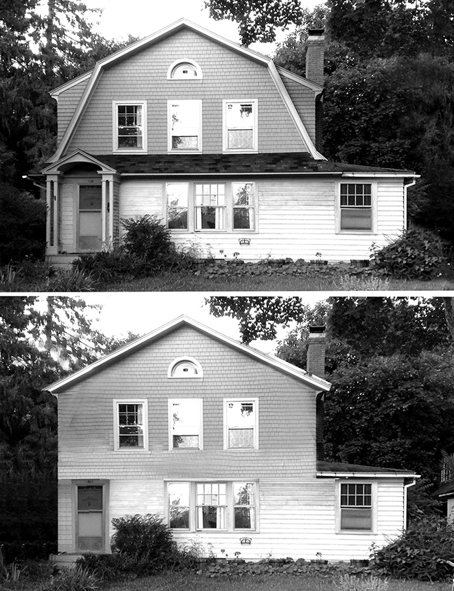 Two images of the same house, but with gratuitous trim removed in one image using Photoshop.