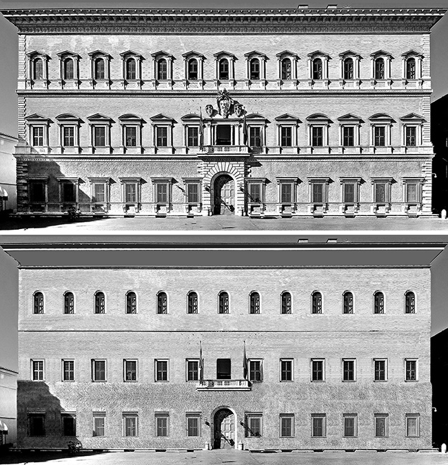 Two images of the Palazzo Farnese, but with gratuitous trim removed in one image using Photoshop.