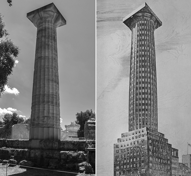 Images of two Doric columns; the real prototype at the Temple of Zeus, and the competition entry by Loos.