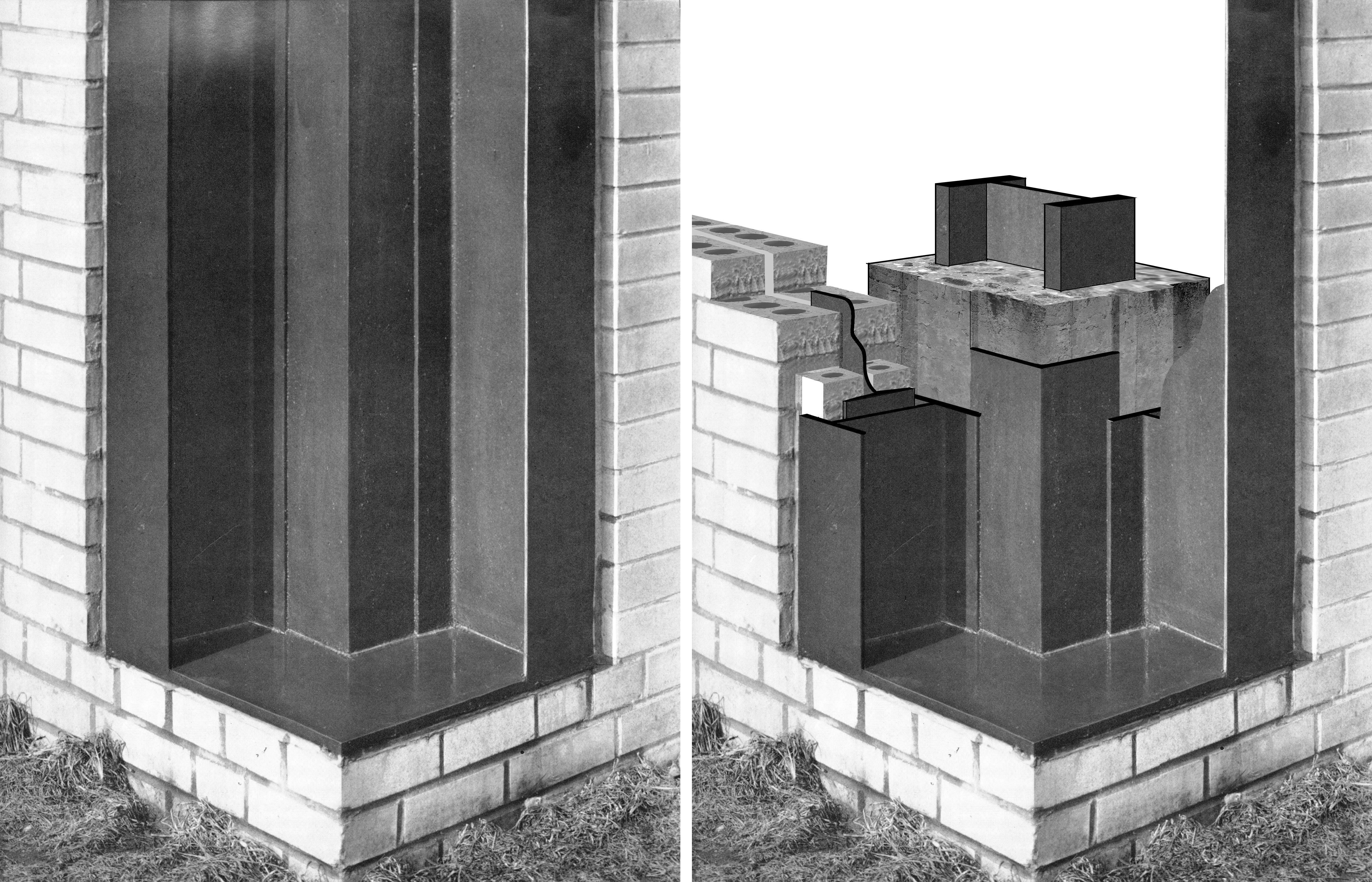 Corner image of Mies's IIT building compared to a cut-away version showing the actual steel column encased in concrete which is, in turn, covered with steel sheeting.