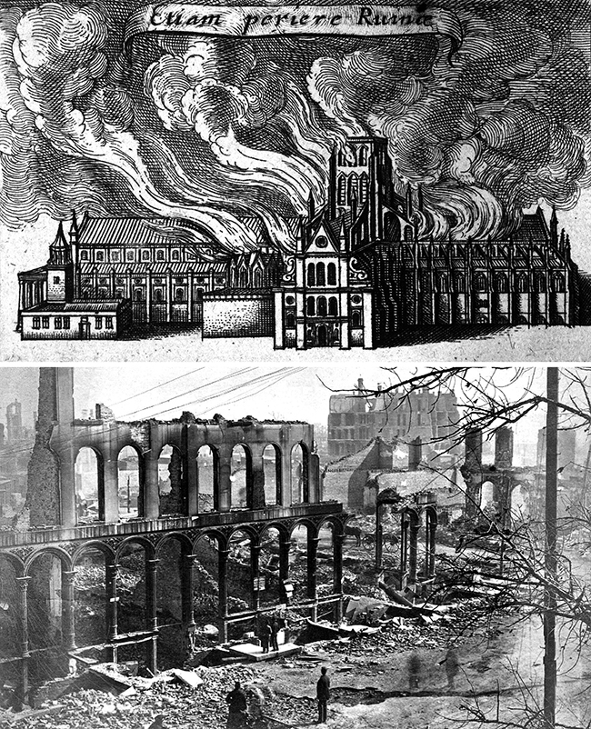 destroyed buildings from London and Chicago fires.