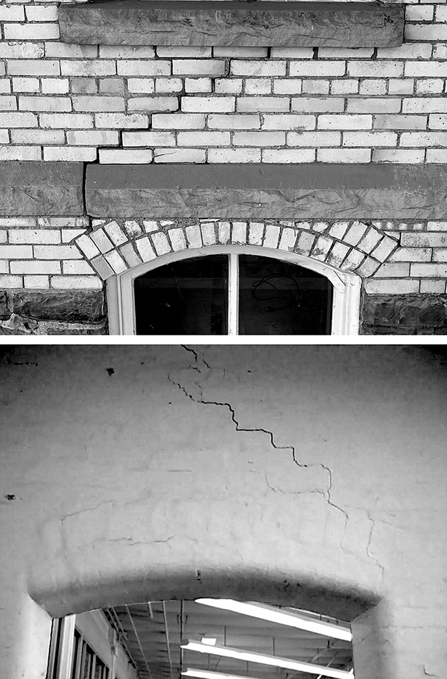 Cracking in SIbley Hall's brick wall shown from the outside and the inside.