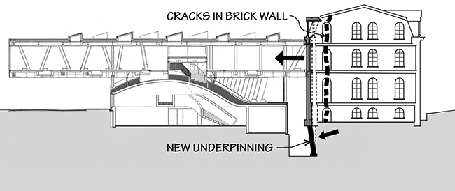 Section through Sibley and Milstein Halls, looking east, showing hypothetical movement of Sibley's brick bearing wall.