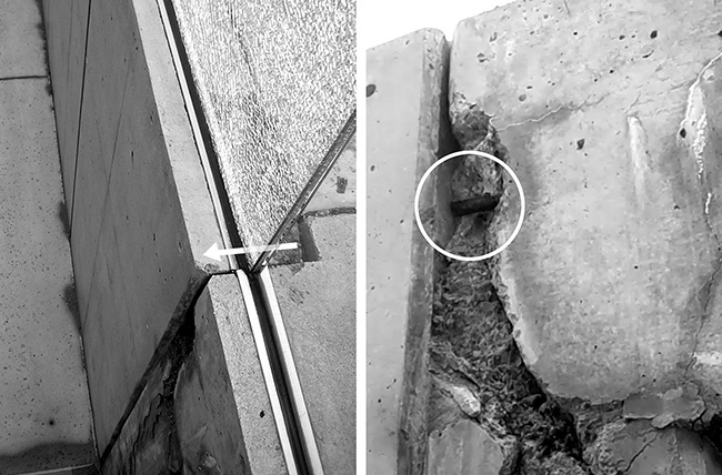 Annotated images showing movement of retaining wall and embedded reinforcement between retaining wall and building wall.