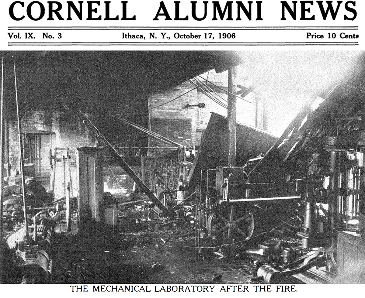 Banner for Cornell Alumni News, dated Oct. 17, 1906, price, 10 cents, with photo of fire-damaged Sibley Hall.