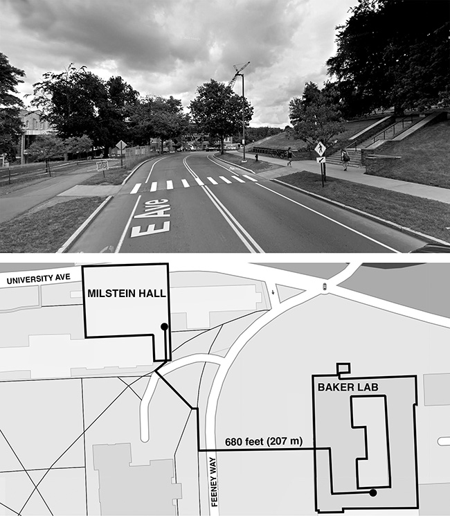 Campus map showing route from Milstein entrance to shower across Feeney Way to Baker Lab; and photo of Feeney Way at the location where bike users would cross the street.