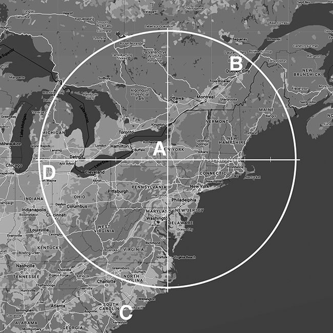 Map of northeast USA with circle having 500-mile radius centered on Ithaca, NY, showing locations of manufacturing plants.