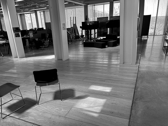Assembly area on the second-floor of Milstein with wood floor.