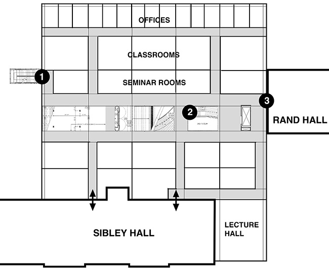 Second-floor plan with hypothetical office/classroom divisions shown.