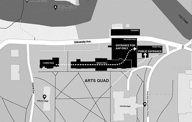Campus plan showing Tjaden, Sibley, Rand, and Milstein Halls annotated with purported circulation path.