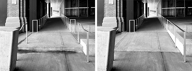 Single step in accessible path compared with photoshopped ramp.