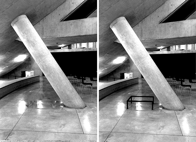 Before and after images of sloping concrete column in Milstein Hall's Crit Room, with and without cane-detection guards.