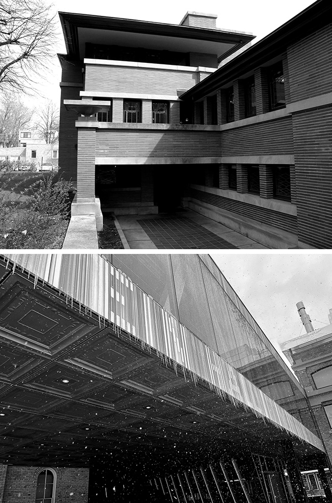 Overhands visible on Frank Lloyd Wright's Robie house; icicles visible on the cantilevered portion of Milstein Hall.