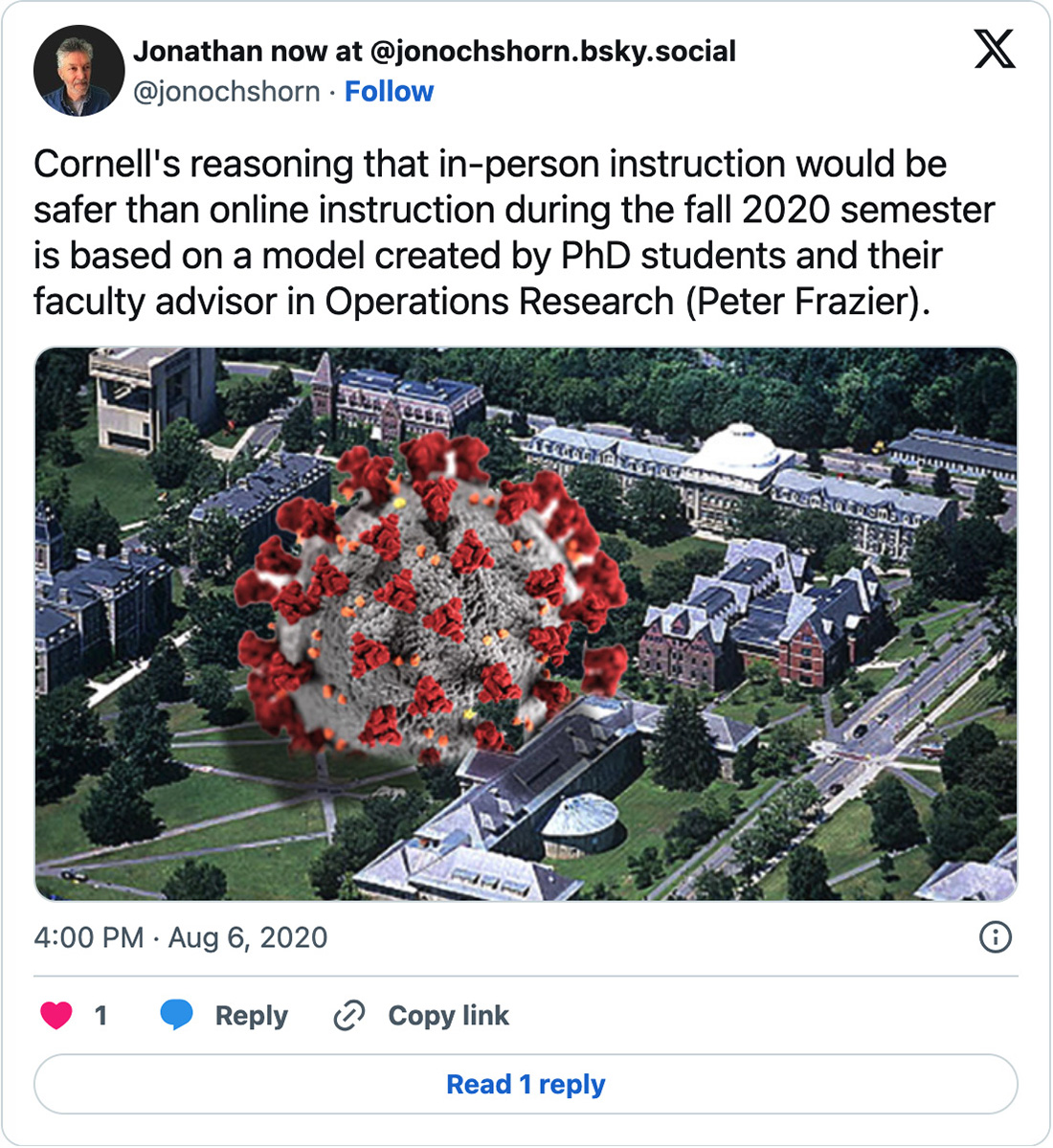 Screen shot of Tweet from Aug. 6, 2020: Cornell's reasoning that in-person instruction would be safer than online instruction during the fall 2020 semester is based on a model created by PhD students and their faculty advisor in Operations Research (Peter Frazier).