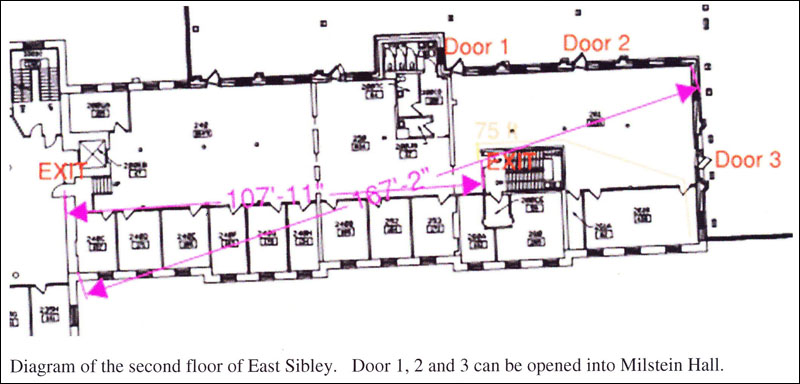 plan of 261 E. Sibley Hall, Cornell, showing exit separation distances