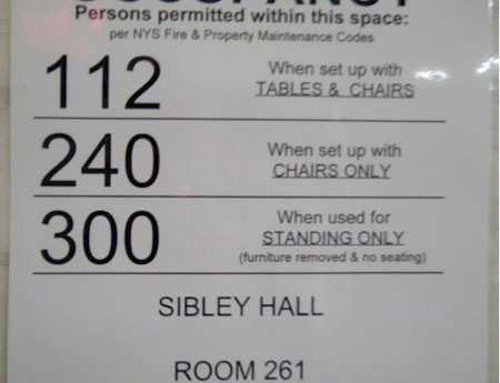 earlier occupancy sign for Room 261, E. Sibley Hall, Cornell