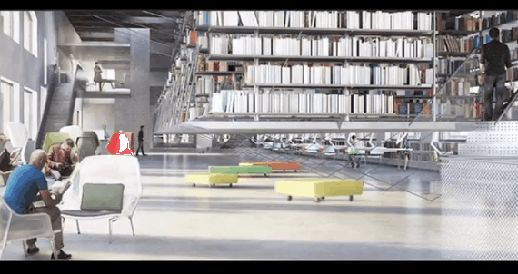 animation gif showing students using rolling carts in proposed Fine Arts Library