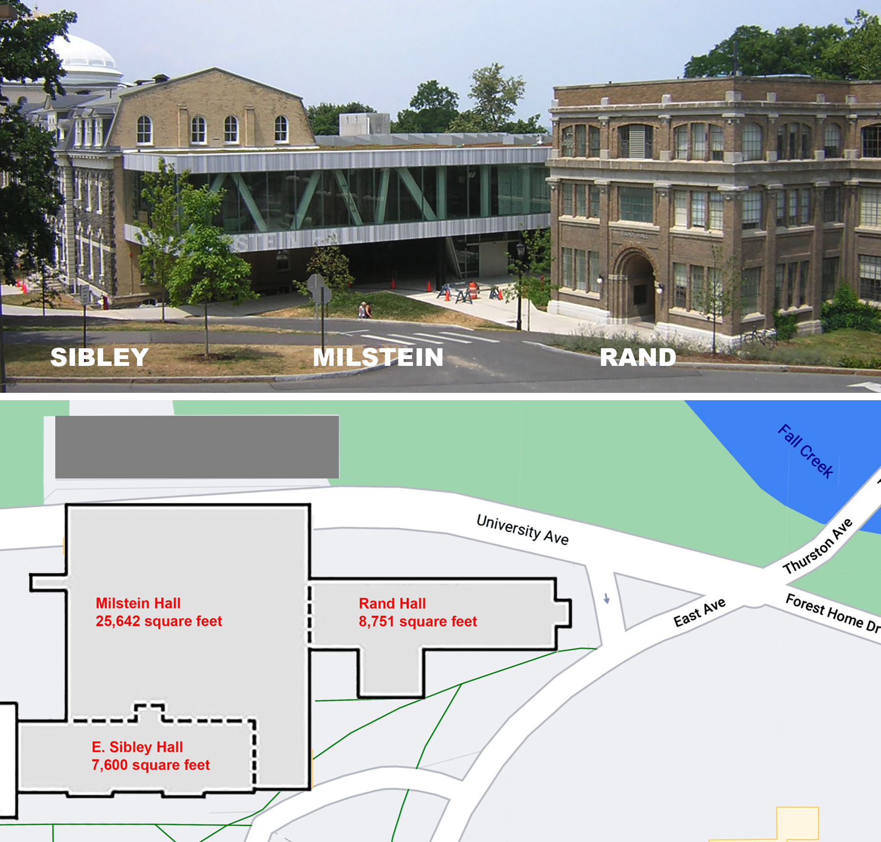 Sibley, Milstein, and Rand Halls photo and site plan