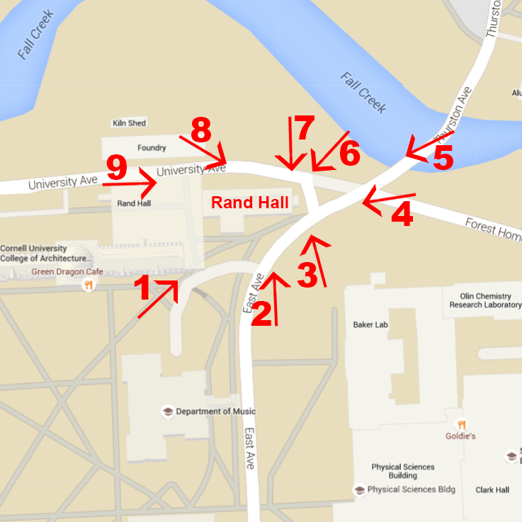 annotated google map showing photo locations of Rand Hall at Cornell University