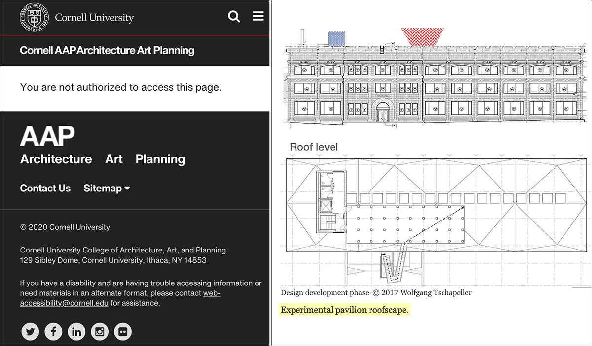 current and former Cornell webpages showing rooftop pavilions on Mui Ho Fine Arts Library