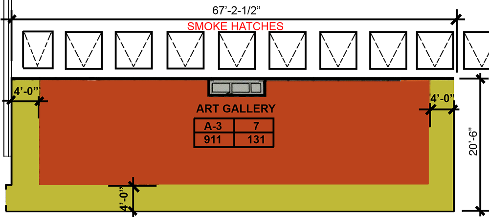 Roof plan showing yellow circulation zone on art gallery floor