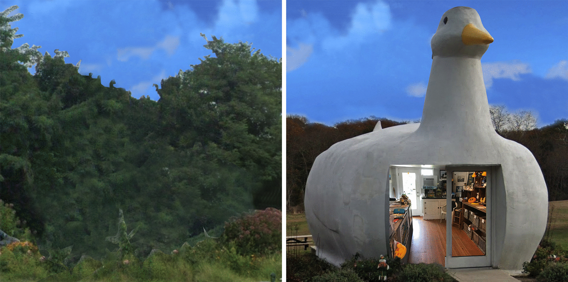 animation gif showing how the Long Island Duckling was constructed starting with a normative wood-framed box (left) and collage showing interior selling space inside duck.